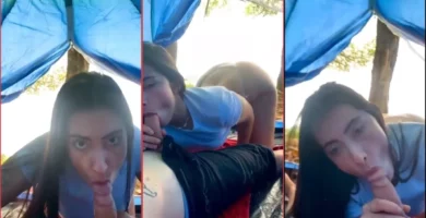 Novia dando una mamada amateur dentro de la tienda durante el camping